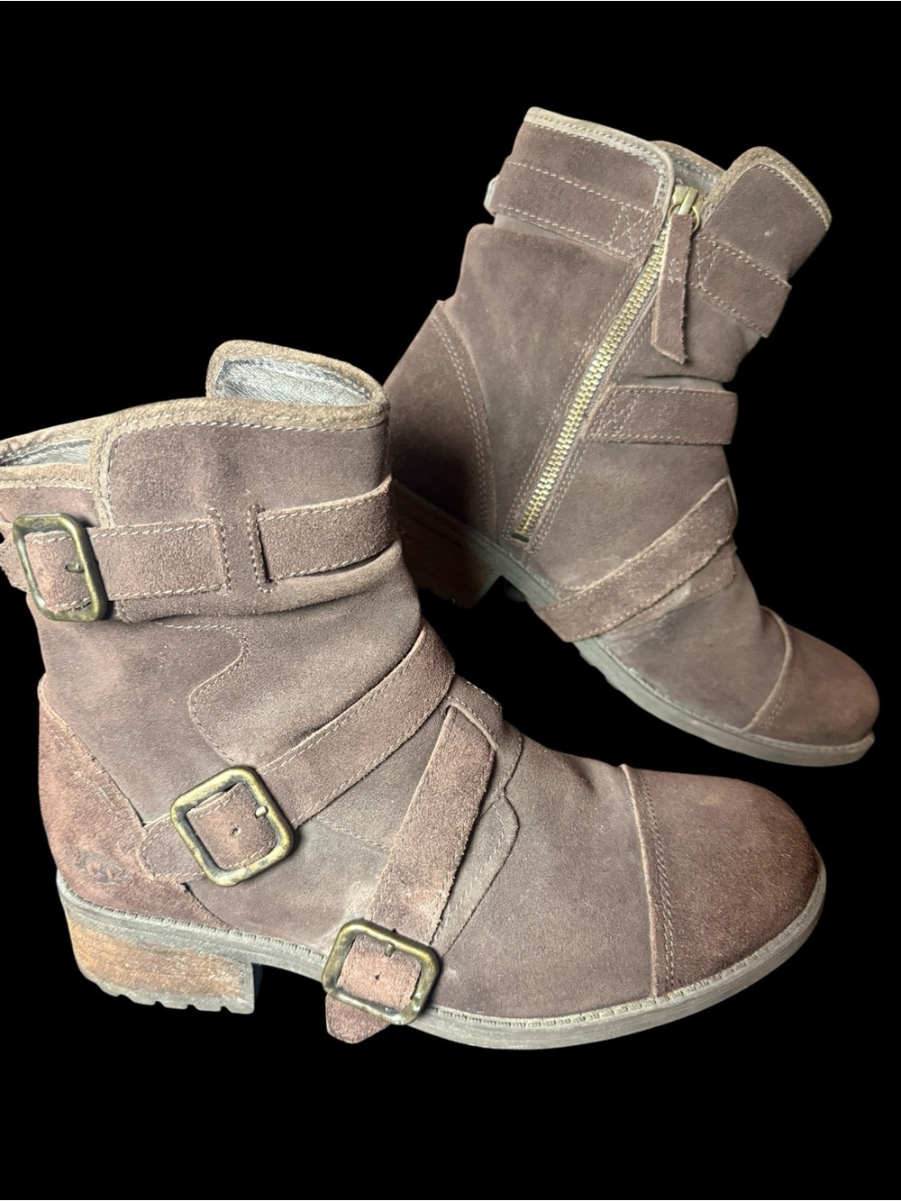 UGG Finney Brown Suede Triple Buckle Moto Boots Size 8.5